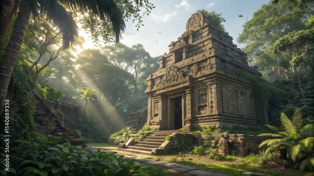 Sunlit Jungle Temple Digital Painting, Stone Architecture, Lush Foliage, Mystical Scene, Ancient Ruins Jungle Temple, Digital Art