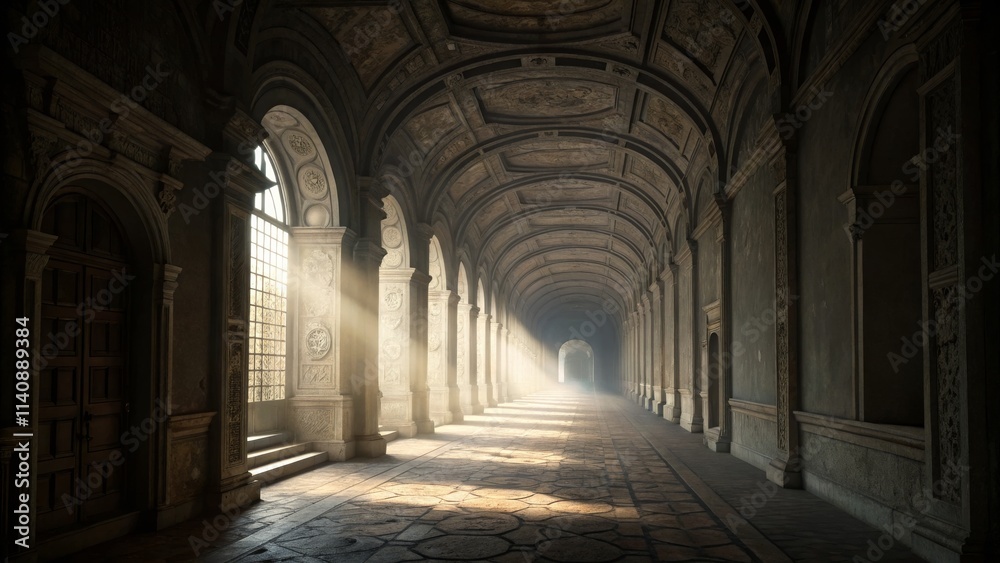 Sunlit Archway Long Hallway Composition, Stone Architecture, Mystical Light, Digital Art Architectural Photography, Interior Design