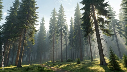 Sunlit Forest Path Misty Morning Composition, Tall Pine Trees, Digital Art, Nature Scenery Forest,Nature Photography