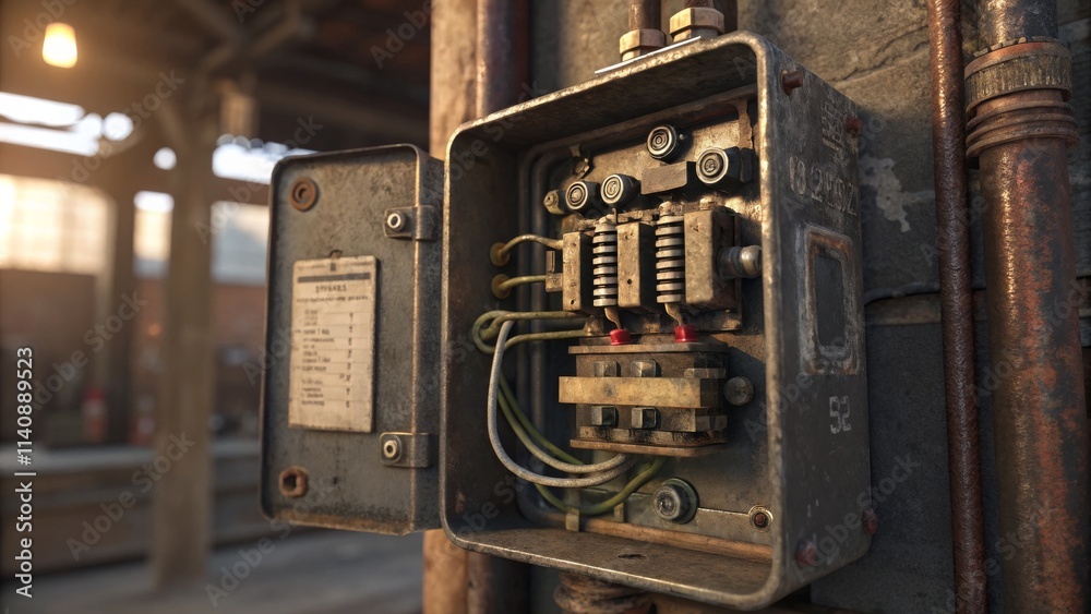 Rusty Industrial Electrical Box Close-up, Detailed Composition, Vintage Concept, 3D Render, Industrial Photography Industrial, Electrical Box