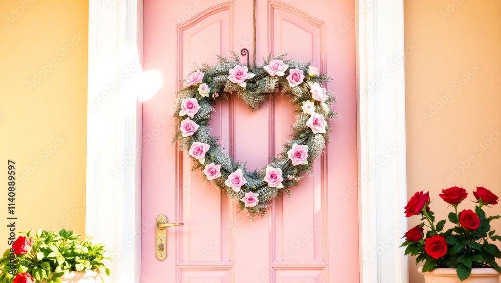 Heart shaped wreath hanging on pink door welcoming visitors Heart shaped wreath hanging on pink door welcoming visitors