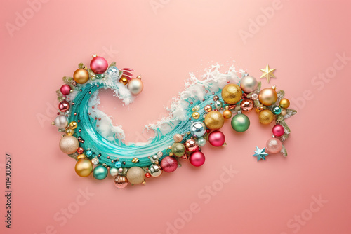 Creative wave decorated with xmas colorful baubles on pink pastel background.