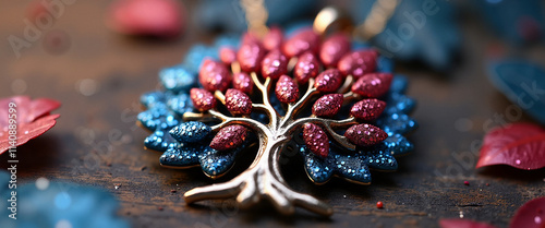 Charming tree pendant with red and blue glitter on a rustic background photo