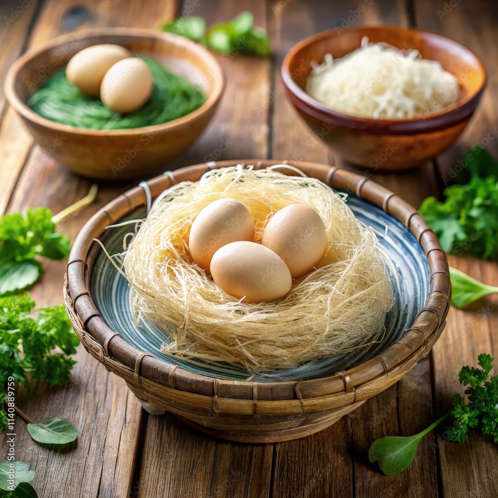 Boiled Bird's Nest With Eggs in a Wooden Bowl With Fresh Greens. Generative AI Boiled Bird's Nest With Eggs in a Wooden Bowl With Fresh Greens. Generative AI