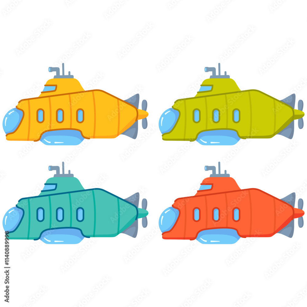 Naklejka premium Submarine in underwater cartoon.Underwater boat.Yellow submarine.Bathyscaphe underwater ship.Submarine with a periscope.Vector flat illustration.A toy boat.A toy submarine.