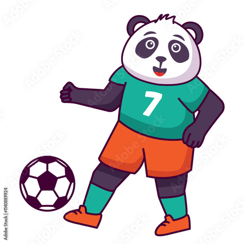 A panda football game. Score a goal.Draw paths for the ball. Cute animal.Soccer player panda bear.Isolated on white background.Character cartoon vector illustration.