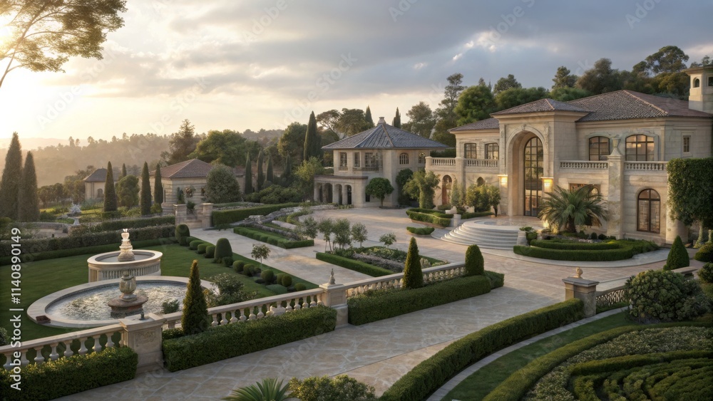 Naklejka premium Golden Hour Villa Architectural Visualization, Landscape Design, Italianate Style, Aerial View, Sunset. architecture visualization, 3d rendering