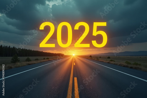 yellow numbers lead future lone arrow pointing onward endless highway stretches darkening photo