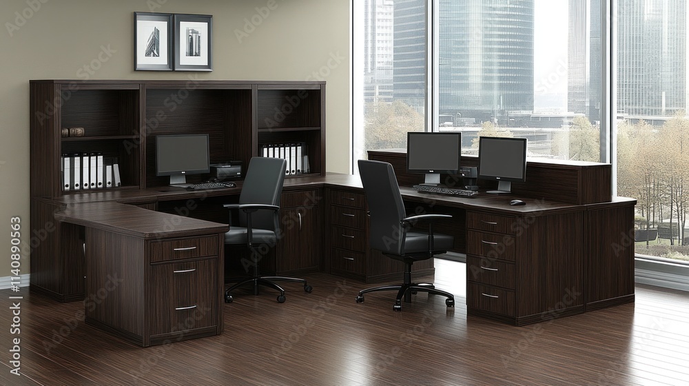 Modern U-shaped office desk with two workstations, shelving, and filing cabinets. Modern U-shaped office desk with two workstations, shelving, and filing cabinets.