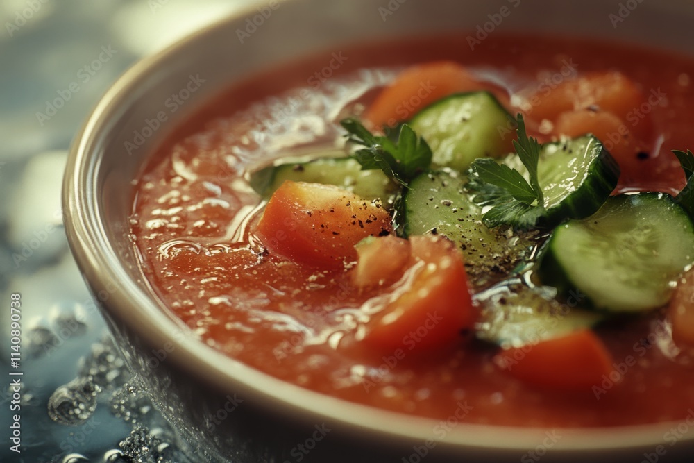 Vibrant bowl of gazpacho garnished with fresh cucumber and herbs, sparkling in soft sunlight. Vibrant bowl of gazpacho garnished with fresh cucumber and herbs, sparkling in soft sunlight.