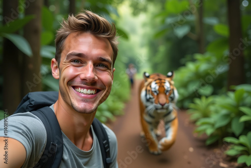young man takes selfie tiger running behind jungle path amidst laughter fear thrilling