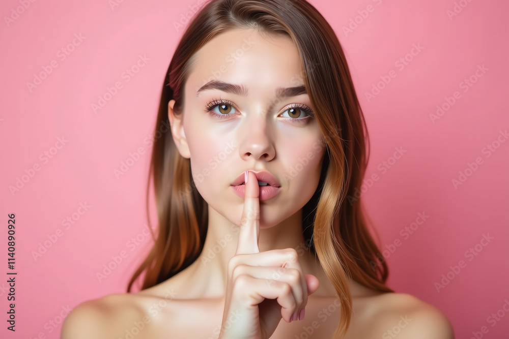 young woman signals silence pink lips pink backdrop innocent youthful young woman signals silence pink lips pink backdrop innocent youthful