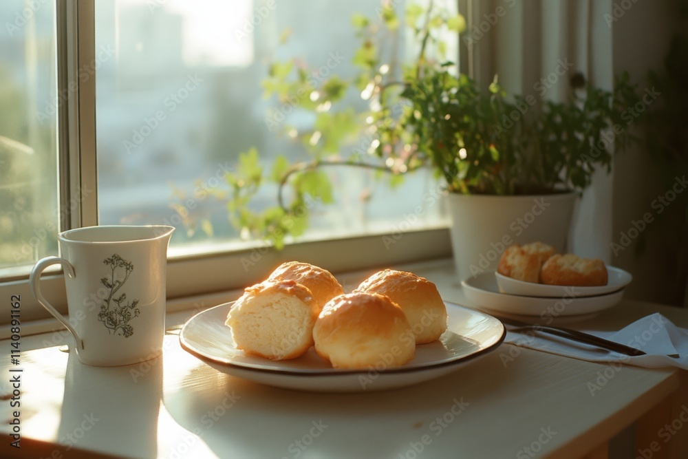 Sunlit breakfast scene with fresh homemade rolls on a plate, surrounded by plants and a cup of tea, capturing a peaceful morning by the window. Sunlit breakfast scene with fresh homemade rolls on a plate, surrounded by plants and a cup of tea, capturing a peaceful morning by the window.