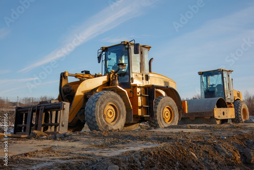 Bulldozer and Roller on Construction Site