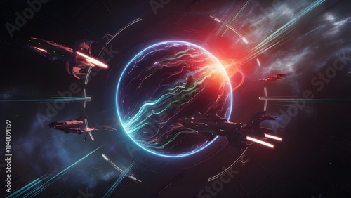Intense space dogfight between futuristic spacecraft in vibrant nebula.