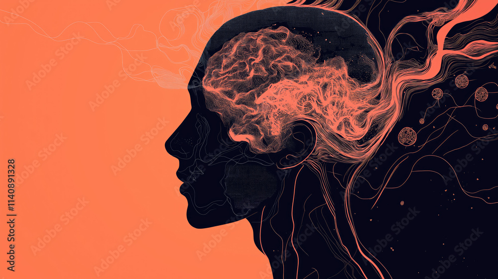 Illustration of abstract profile of a human head and consciousness with physical and chemical structures in the head, Person creative mind, Psychic waves concept, Generative AI illustration Illustration of abstract profile of a human head and consciousness with physical and chemical structures in the head, Person creative mind, Psychic waves concept, Generative AI illustration