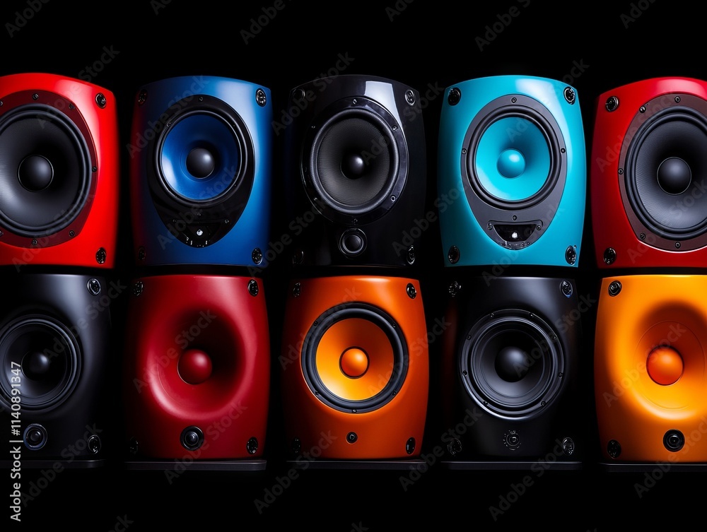 A group of colorful speakers sitting next to each other A group of colorful speakers sitting next to each other