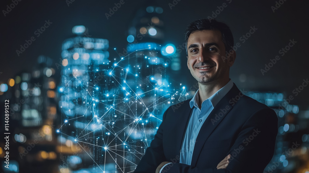 Abstract businessman stands on the peak of success Smart digital city with connection cyber security network reciprocity over the cityscape future wireless digital city and social media networking Abstract businessman stands on the peak of success Smart digital city with connection cyber security network reciprocity over the cityscape future wireless digital city and social media networking