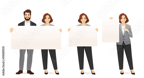 Smiling business mature man and woman holding the empty blank board. Isolated vector illustration set