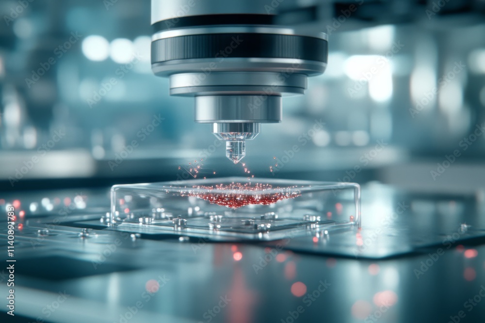 Close-up of a high-tech microscope examining a sample, highlighting scientific innovation and precision. Close-up of a high-tech microscope examining a sample, highlighting scientific innovation and precision.