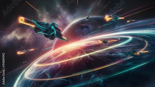 Intense space dogfight between futuristic spacecraft in vibrant nebula.