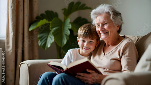 Grandmother and small boy in light clothes sitting on a cozy sofa, reading a book together in a bright, modern living room with green plant