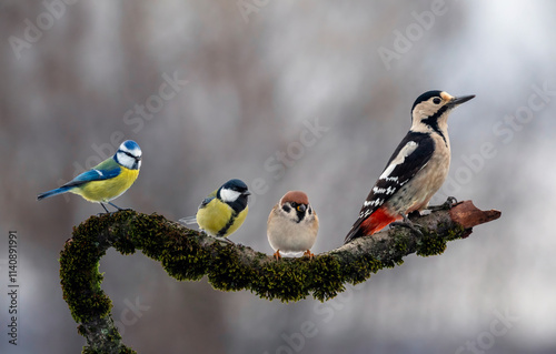 set of different birds tits, sparrow and blue spotted woodpecker sitting on a...