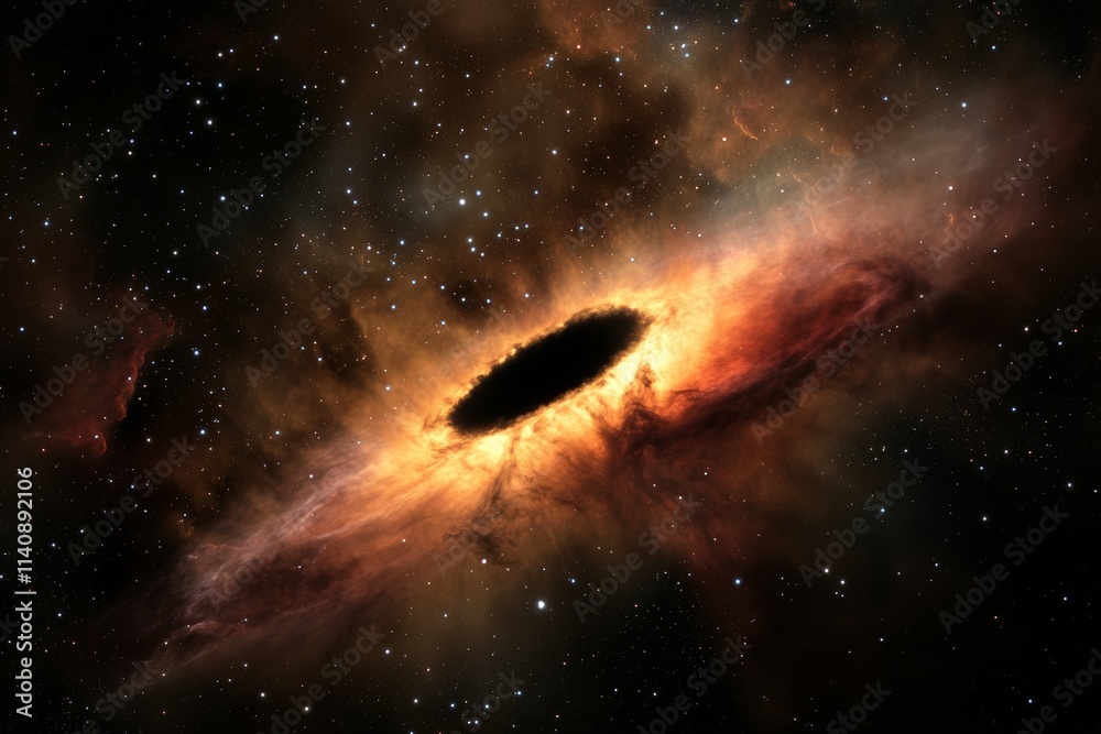 Obraz premium This mesmerizing image showcases a black hole at its center, enveloped by fiery cosmic clouds, highlighting the beauty and mystery of the universe's depths and phenomena.