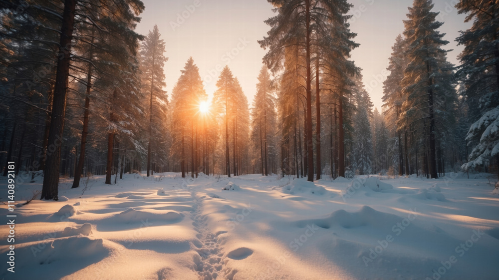 Sunset in a snowy forest Sunset in a snowy forest