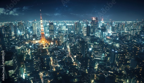 Wallpaper Mural Night cityscape with illuminated skyscrapers and tower. Torontodigital.ca