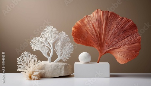 minimalist coral art installation series modern natural sea fan and white branch sculptures on geometric pedestals with limestone rocks against neutral background photo