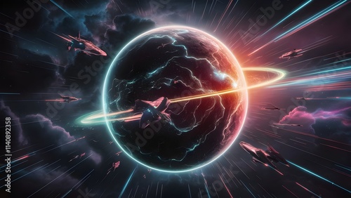 Intense space dogfight between futuristic spacecraft in vibrant nebula.