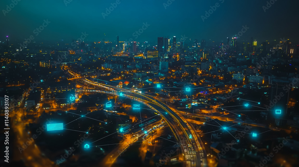 Fototapeta premium Smart digital city with connection cyber security network reciprocity over the cityscape . future smart wireless digital city and social media networking systems that connects people within the city