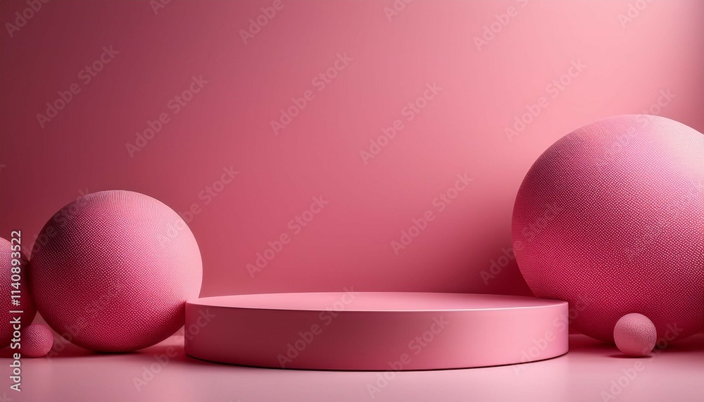 pink on pink low platform in studio with spheres shape on sides on a clean backdrop for product pink on pink low platform in studio with spheres shape on sides on a clean backdrop for product
