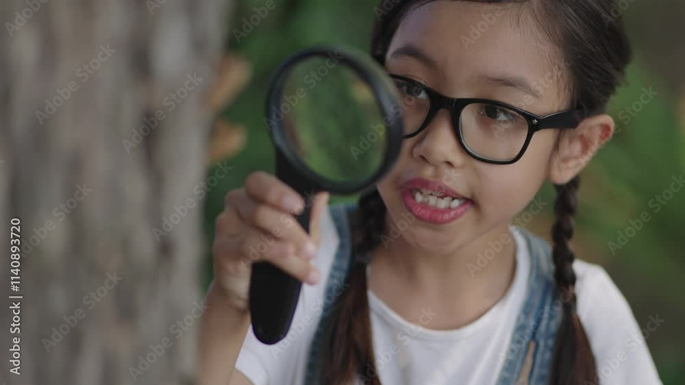 A girl is playing with a magnifying glass in the garden. A girl is playing with a magnifying glass in the garden.