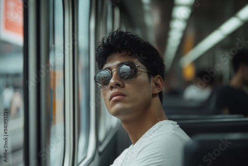 A man with sunglasses gazes thoughtfully out a train window, contemplating the journey ahead under the ambient cabin light.