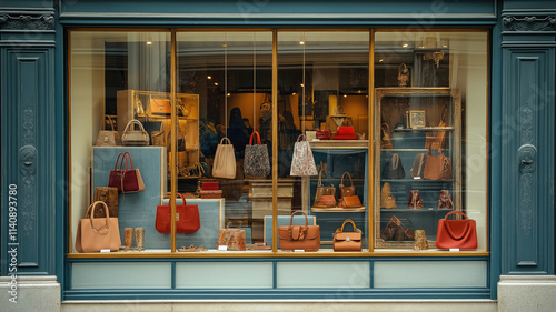 Luxury Parisian shopfront with fashion accessories in boutique window display, luxury, fashion, overprized, expensive, design, designer, handbag, store, shoes, dress, clothe, vintage, antique