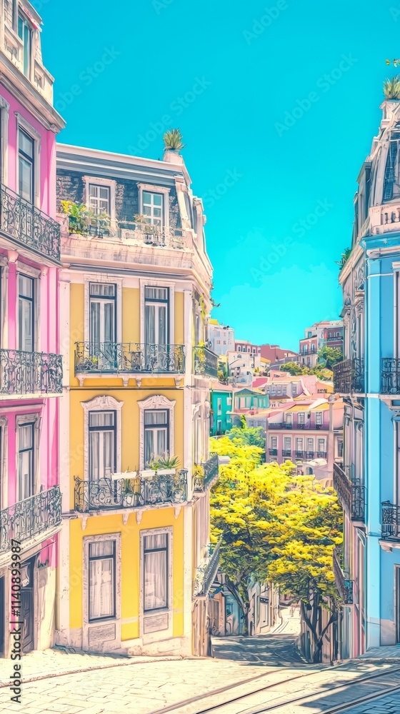 Colorful buildings in a sunny urban landscape with vibrant architecture.