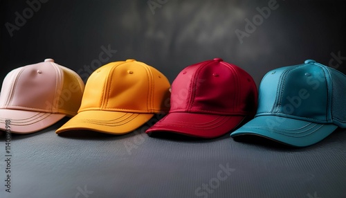 row of colorful baseball caps on a dark gray surface creating a vibrant and stylish composition photo