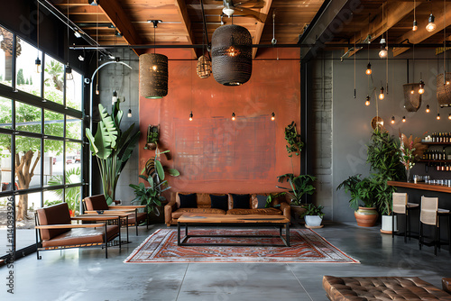 bohemian desert decor, warm desert colors and handmade crafts come together in cozy rooms with leather sofas, reclaimed wood tables, and vibrant wall decor photo