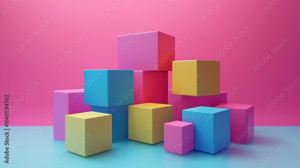 Abstract Colorful Cubes Composition on Pink and Blue Background Abstract Colorful Cubes Composition on Pink and Blue Background