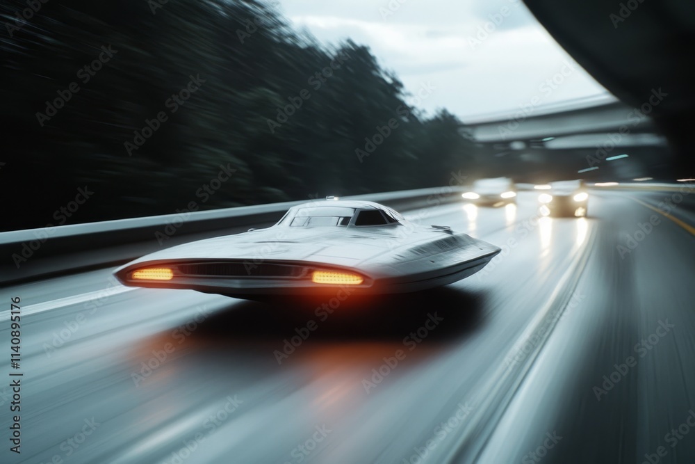 Obraz premium A futuristic vehicle races on a sleek highway, emitting a sense of speed and progress with its glowing lights and aerodynamic design.