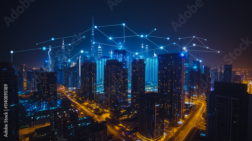 Wallpaper Mural Smart digital city with connection cyber security network reciprocity over the cityscape . future smart wireless digital city and social media networking systems that connects people within the city Torontodigital.ca