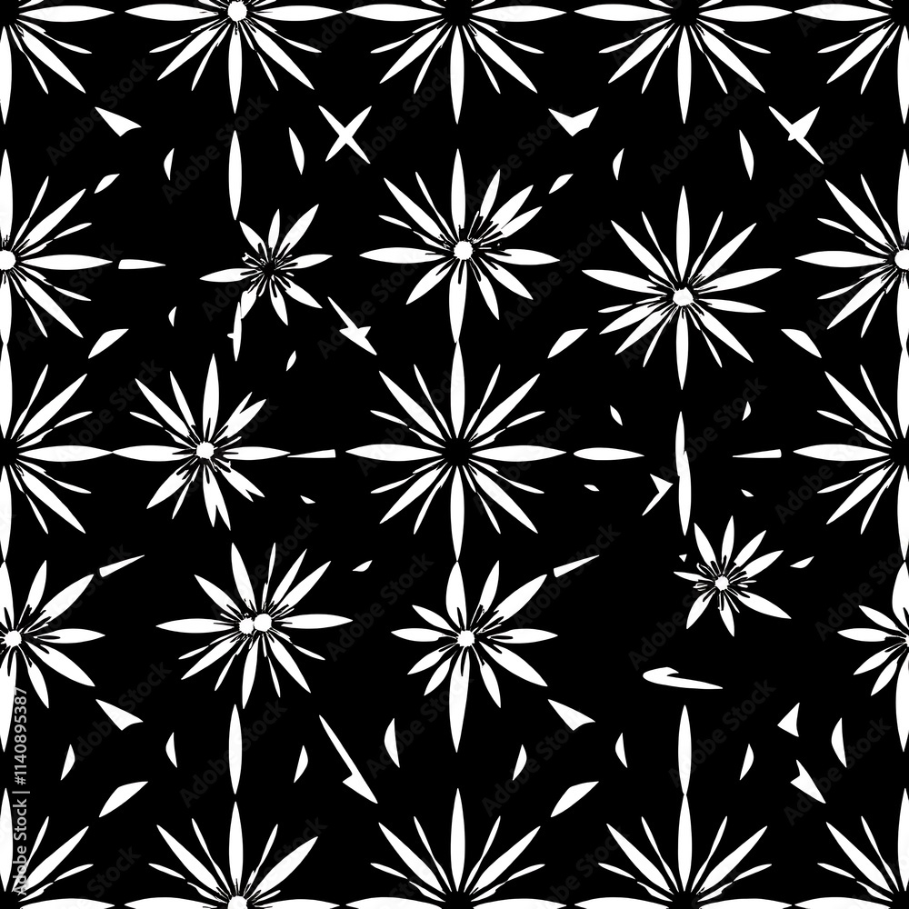 Black and White Flower Pattern: A seamless pattern of stylized white flowers against a black background, creating a bold and graphic design. Perfect for textile designs, wallpapers. Black and White Flower Pattern: A seamless pattern of stylized white flowers against a black background, creating a bold and graphic design. Perfect for textile designs, wallpapers.