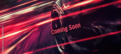 Energetic Coming Soon Banner for Upcoming Car Race Event with Motion Blur and Tire Marks photo