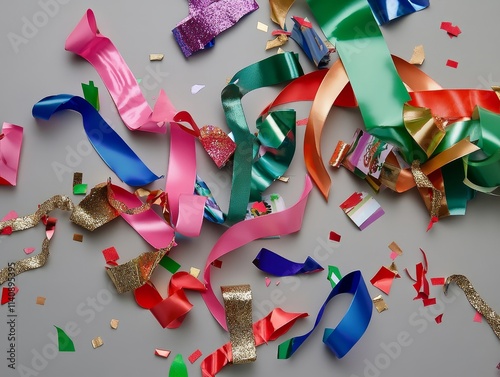 Colorful Confetti and Ribbons Scattered on a Gray Surface After a Lively Celebration, Capturing the Joy and Excitement of a Festive Event photo