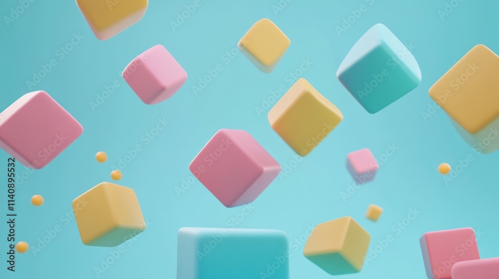 Pastel Cubes Falling on Turquoise Background: A Playful 3D Render Pastel Cubes Falling on Turquoise Background: A Playful 3D Render