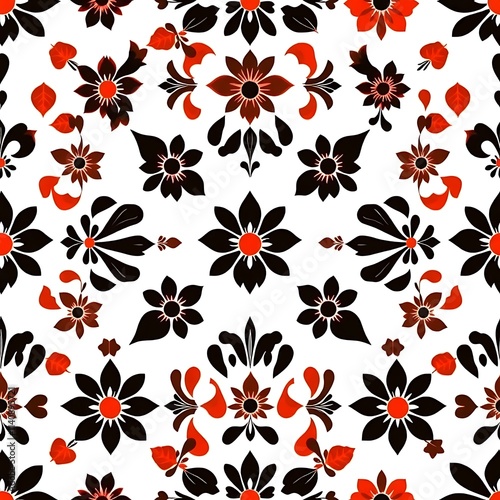 Red and Black Floral Pattern: An intricate and vibrant seamless pattern featuring bold red and black stylized flowers, perfect for adding a touch of elegance and sophistication to your designs.  