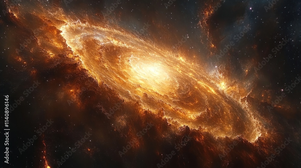 Fototapeta premium Fiery orange spiral galaxy, cosmic dust, stars.