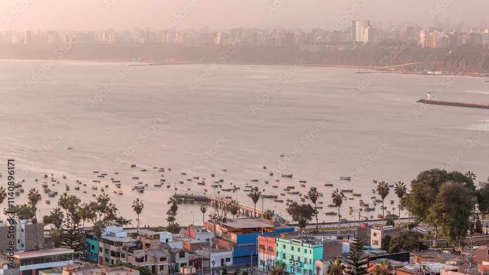Aerial view of Lima's shoreline with boats including the districts of Barranco and Chorrillos timelapse. Peru Aerial view of Lima's shoreline with boats including the districts of Barranco and Chorrillos timelapse. Peru